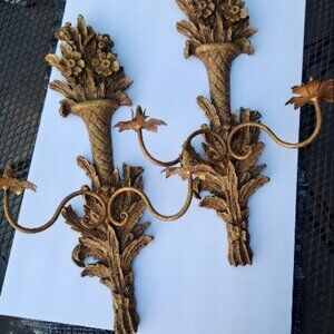 Kaiser Kuhn Two (2) Hollywood Regency MCM Gold French Country Wall Scones